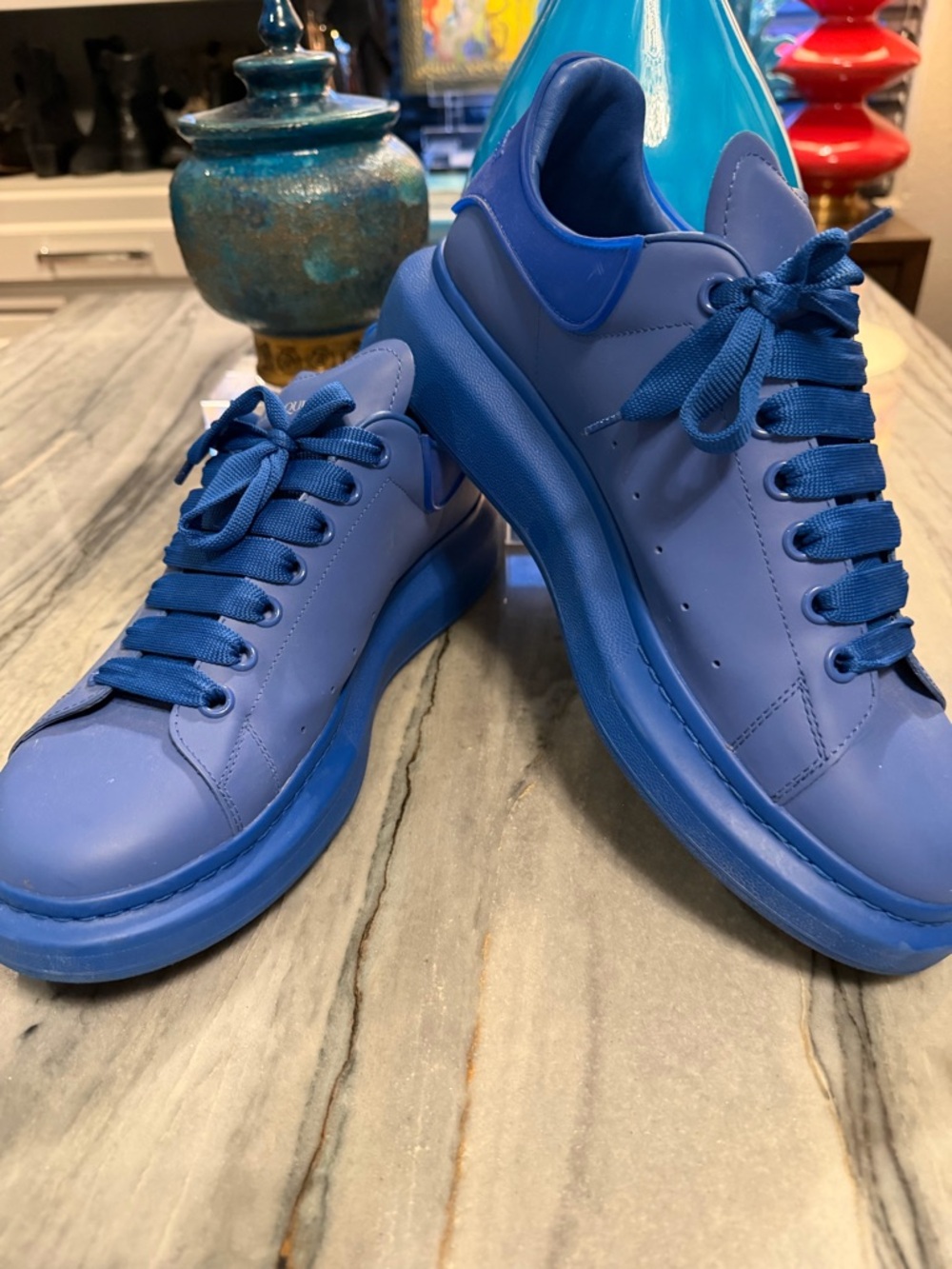 Alexander McQueen, Men’s Oversized Larry Tonal Leather Low-Top Sneakers, blue